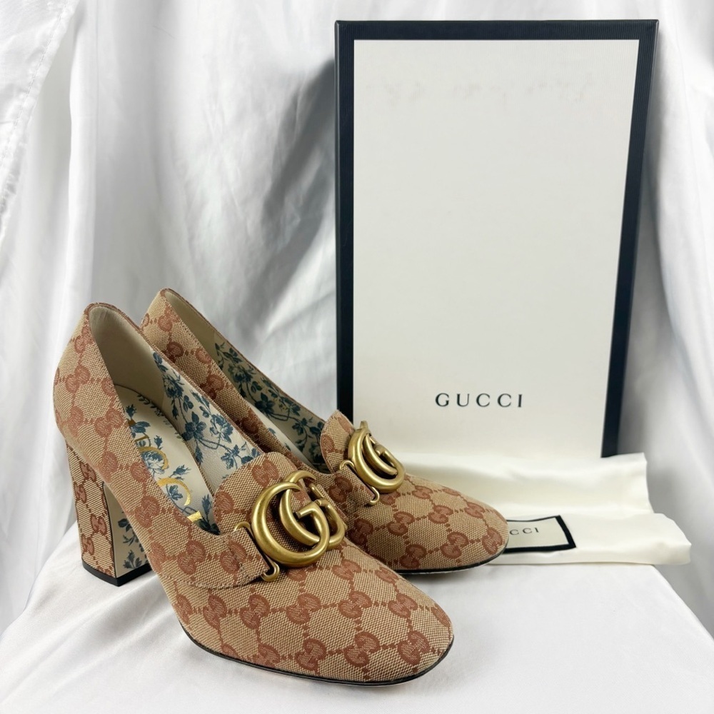 Gucci GG Marmont Beige Ruggine Victoire 95mm Loafer Block Heel Pumps EU 39.5